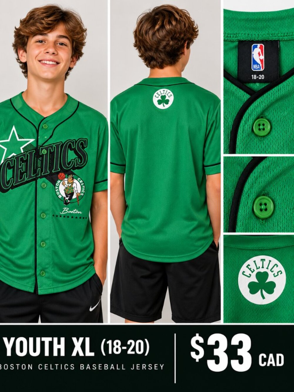 Boston Celtics NBA Youth Baseball-Style Jersey – XL 18/20